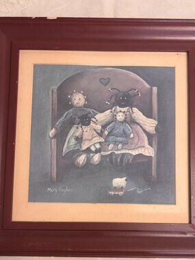 VTG Mary Hughes Framed Folk Aert Print Primitive Rag Dolls Americana